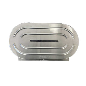 Stainless steel twin jumbo toilet roll dispenser for commercial bathrooms."