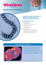 A product information poster for Viraclean Hospital Grade Disinfectant, featuring the brand logo, a circular microscopic view of bacterial colonies, a list of tested pathogens, and a section with a colorful heat-map style graphic.