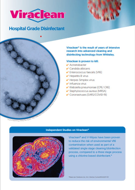 A product information poster for Viraclean Hospital Grade Disinfectant, featuring the brand logo, a circular microscopic view of bacterial colonies, a list of tested pathogens, and a section with a colorful heat-map style graphic.