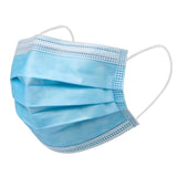 A light blue pleated disposable face mask with white elastic ear loops, shown on a plain white background.