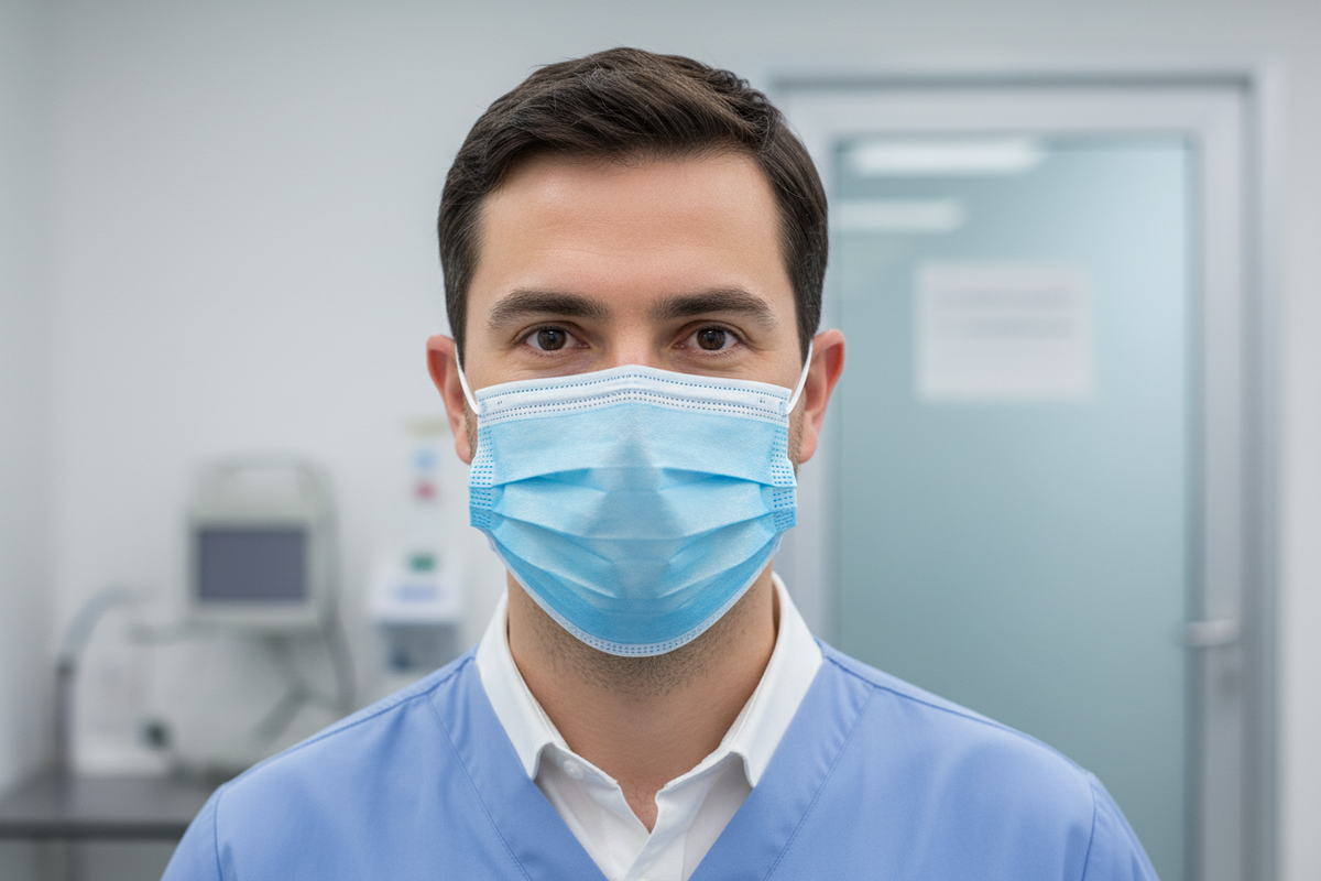 A man in light blue medical scrubs and a white collared shirt wearing a light blue surgical face mask, photographed in a clinical indoor setting with a blurred medical room background.