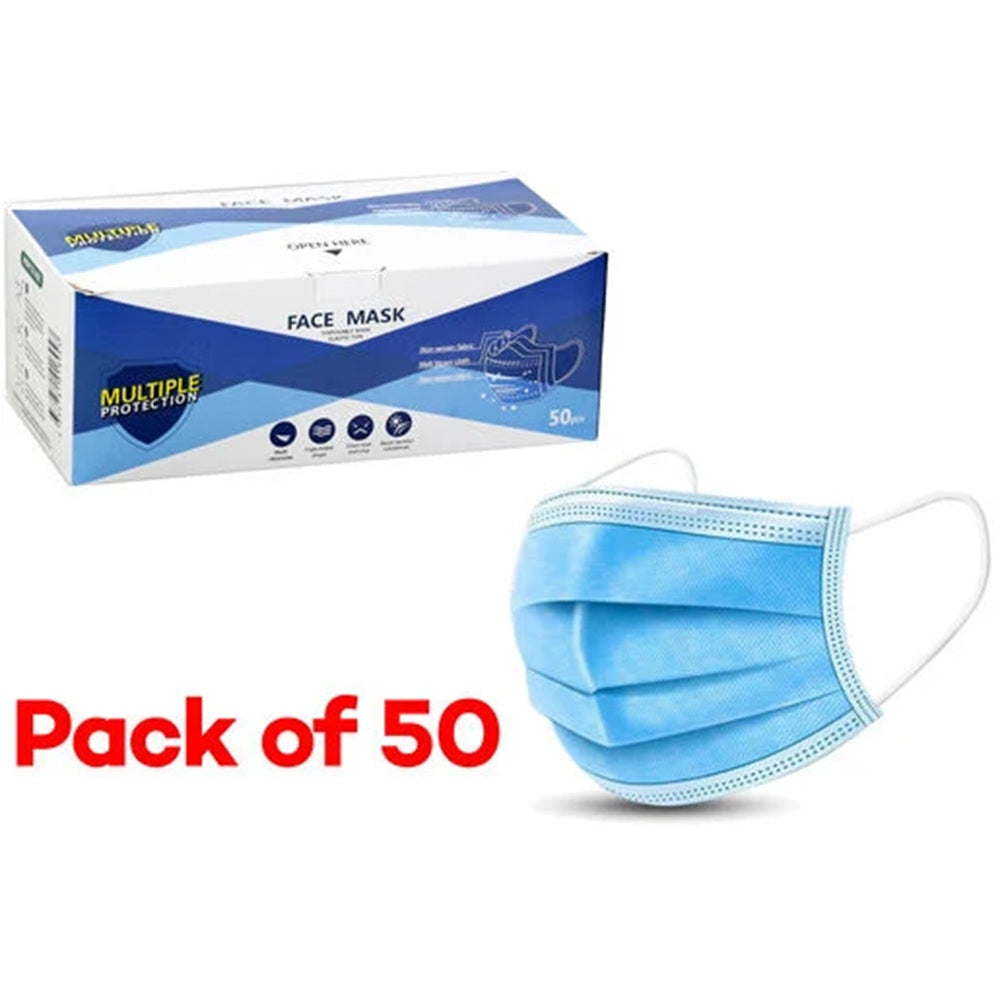 Disposable 3 Ply Face Masks with Ear Loops – Blue 50 Pack