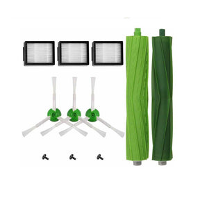 Flat lay of Roomba replacement kit showing green dual rubber brushes, 3 filters, and 3 edge sweeping brushes.