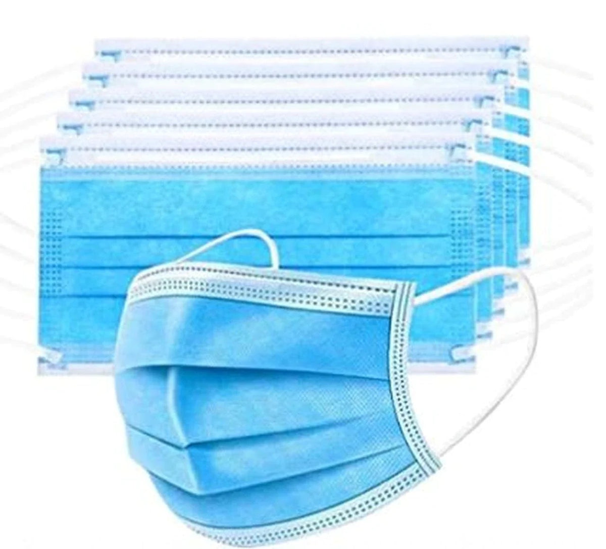 A 50 pack of light blue disposable face masks with white ear loops, shown with one mask in front and several stacked behind it on a white background.