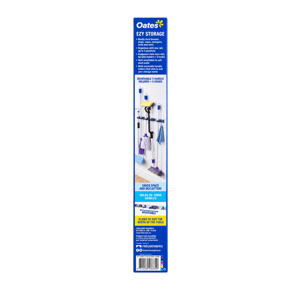 Oates Ezy Storage handle holder packaging showing broom and mop storage applications