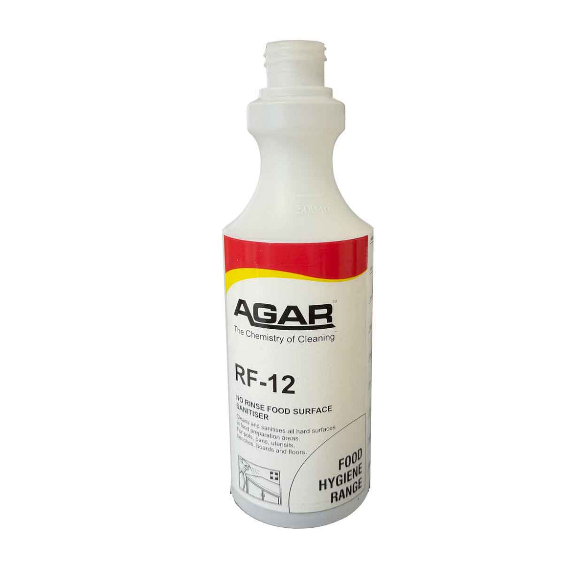 Agar RF-12 labelled empty sanitiser spray bottle for commercial kitchen cleaning.